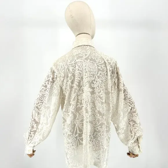 Vintage 90s Gotcha Covered Ivory Velvet Burnout Floral Blouse - Picture 5 of 8